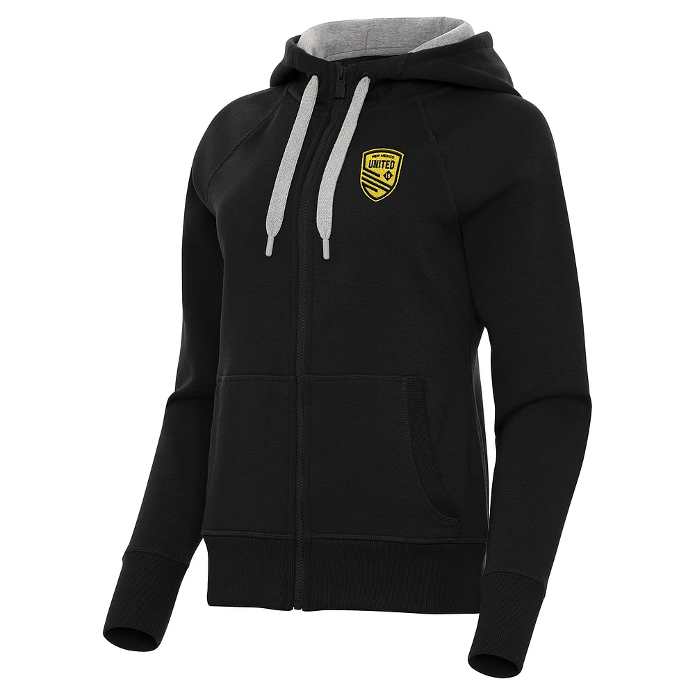 Women's Antigua Black New Mexico United Victory Raglan Fleece Full-Zip Hoodie