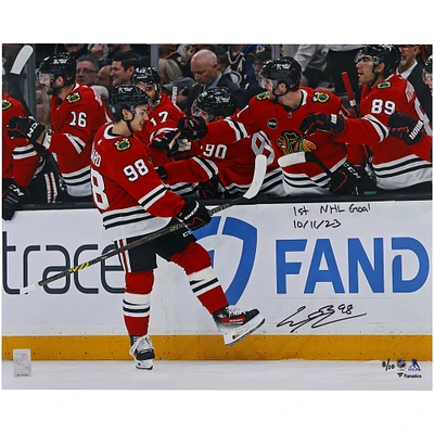 Connor Bedard Chicago Blackhawks Autographed 16" x 20" First NHL Goal Celebration Photograph with "1st NHL Goal 10/11/23" Inscription - Limited Edition of 10