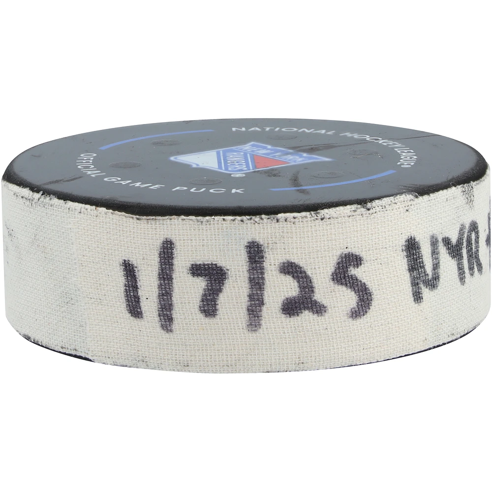 Alexis Lafreniere New York Rangers Game-Used Goal Puck vs. Dallas Stars on January 7, 2025