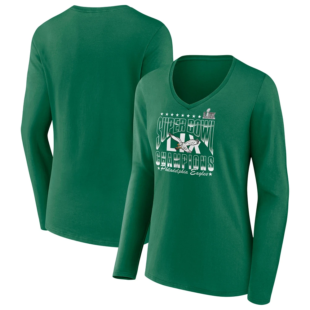 Women's Fanatics Kelly Green Philadelphia Eagles Super Bowl LIX Champions Retro Logo Long Sleeve V-Neck T-Shirt
