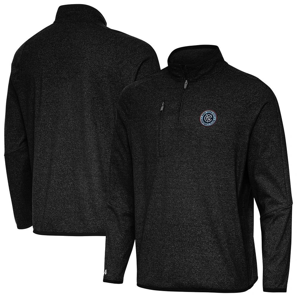 Men's Antigua Heather Black New York City FC Certain Tri-Blend Quarter-Zip Top