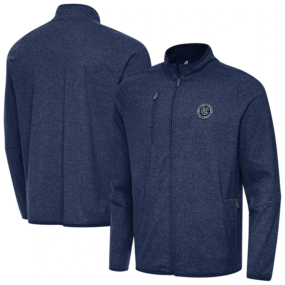 Men's Antigua Heather Navy New York City FC Raglan Hold-Up Full-Zip Jacket