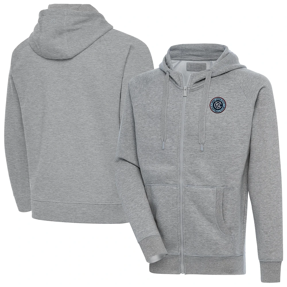 Men's Antigua Heather Gray New York City FC Victory Fleece Raglan Full-Zip Hoodie