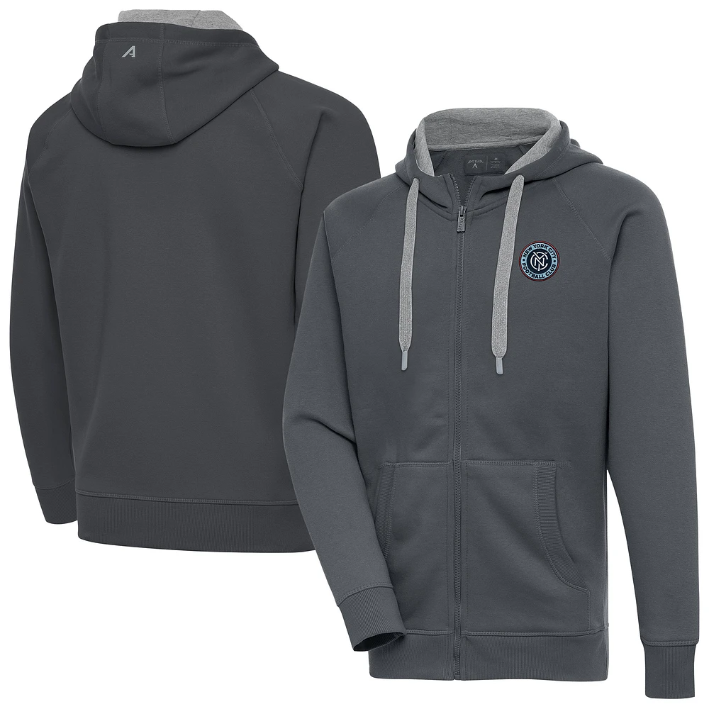 Men's Antigua Charcoal New York City FC Victory Fleece Raglan Full-Zip Hoodie