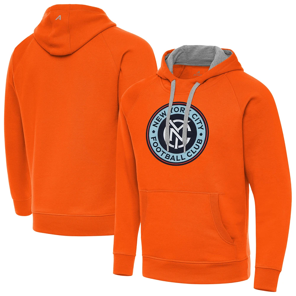 Men's Antigua Orange New York City FC Victory Fleece Raglan Pullover Hoodie