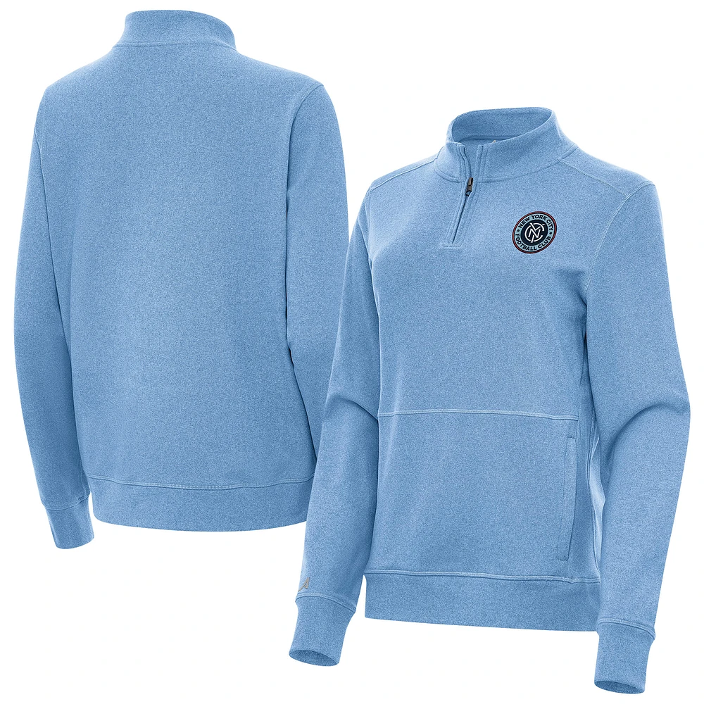 Women's Antigua Heather Powder Blue New York City FC Fleece Crush Quarter-Zip Pullover