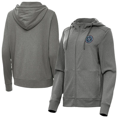 Women's Antigua Heather Charcoal New York City FC Fleece Full-Zip Seeker Hoodie