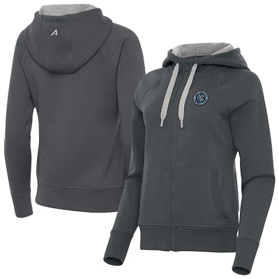 Women's Antigua Charcoal New York City FC Victory Fleece Raglan Full-Zip Hoodie