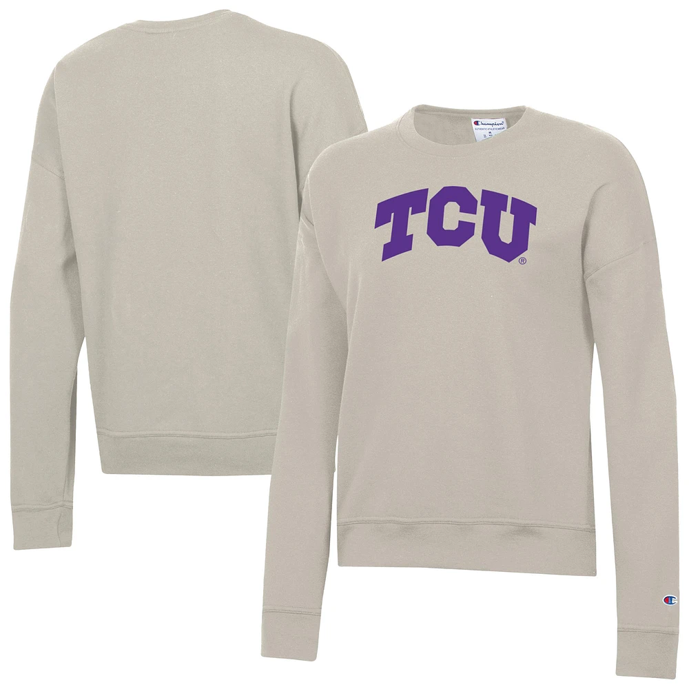 Women's Champion Oatmeal TCU Horned Frogs Fleece Powerblend Pullover Sweatshirt