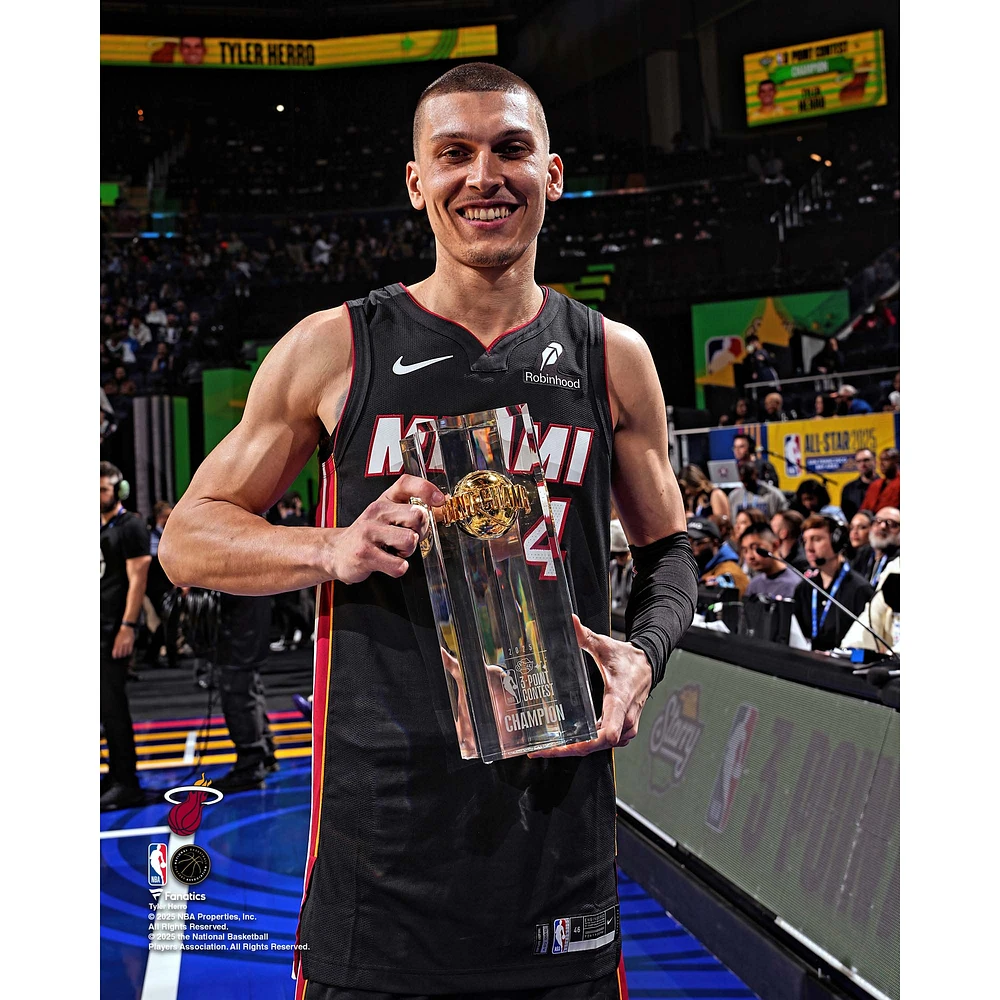 Tyler Herro Miami Heat Unsigned 2025 NBA All-Star Game Holding Three-Point Contest Trophy Photograph