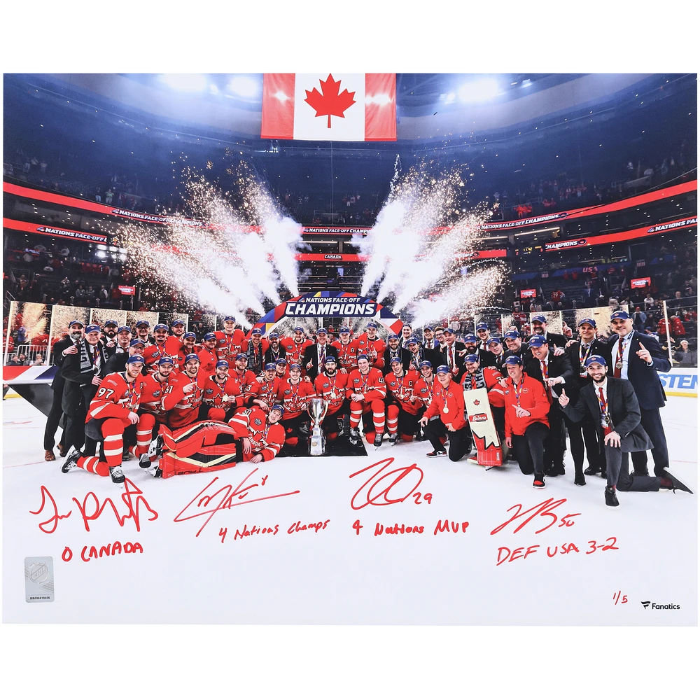 Nathan MacKinnon, Cale Makar, Sam Reinhart & Jordan Binnington Canada Autographed 16" x 20" 4 Nations Face-Off Champions Team Celebration Photograph with Multiple Inscriptions - Signed in Red Ink - Limited Edition of 5