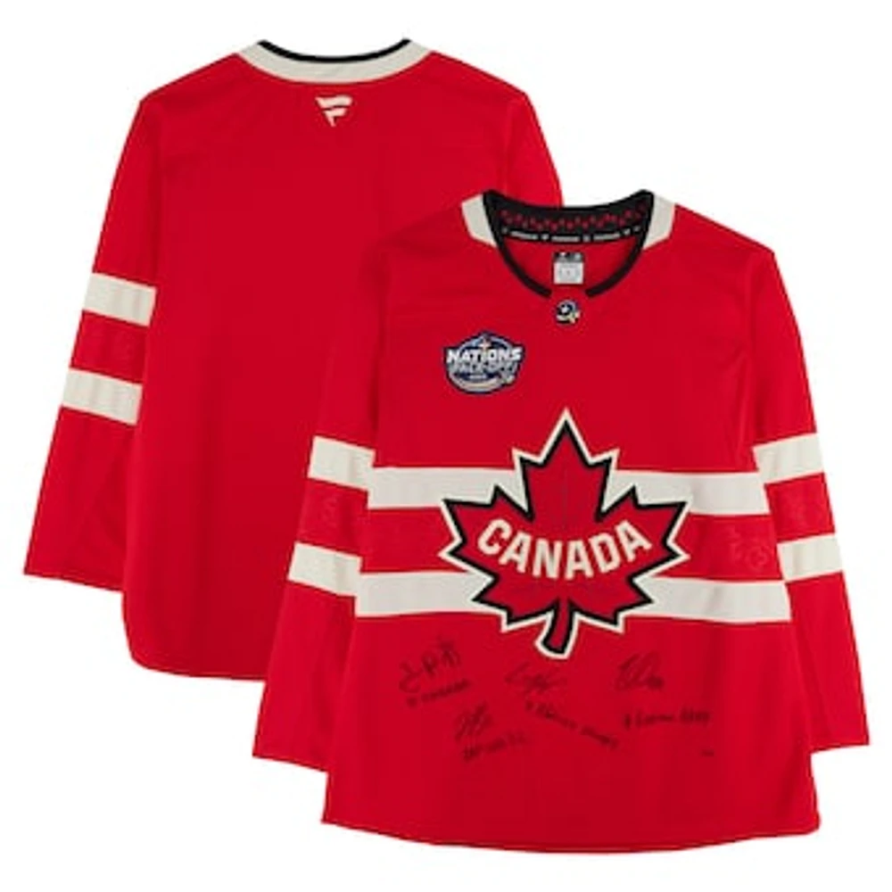 Nathan MacKinnon, Cale Makar, Sam Reinhart & Jordan Binnington Canada Autographed Red 4 Nations Face-Off Fanatics Premium Jersey with Multiple Inscriptions