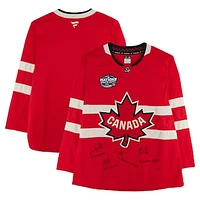 Nathan MacKinnon, Cale Makar, Sam Reinhart & Jordan Binnington Canada Autographed Red 4 Nations Face-Off Fanatics Premium Jersey with Multiple Inscriptions