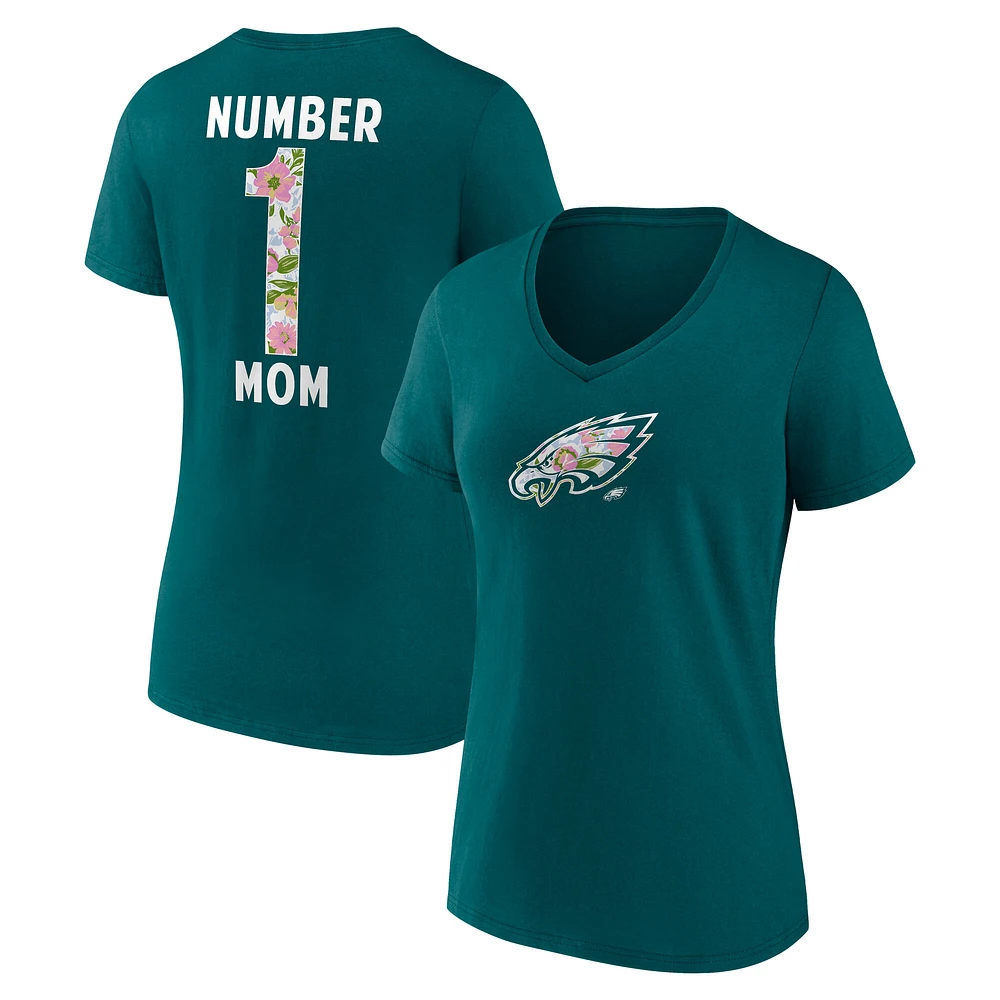 Women's Midnight Green Philadelphia Eagles Number 1 Mom Floral V-Neck T-Shirt
