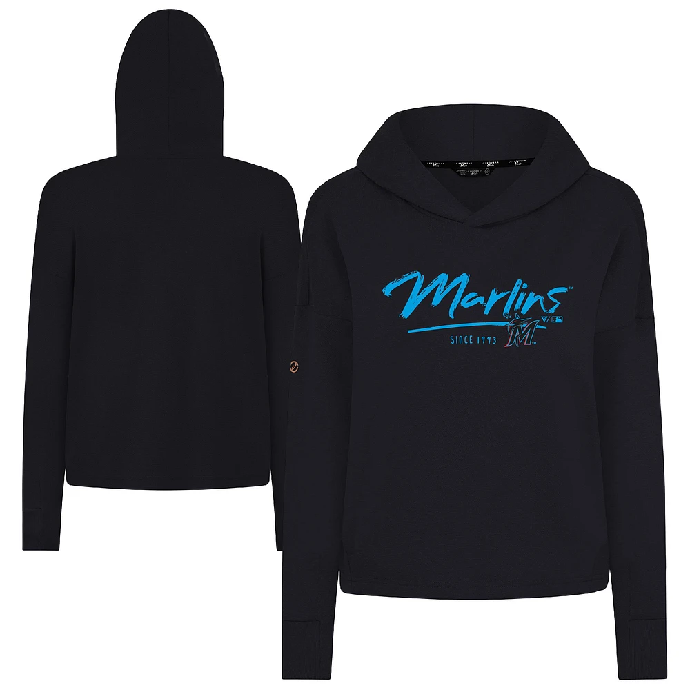 Women's Levelwear Black Miami Marlins Tri-Blend Sweet Express Cropped Pullover Hoodie