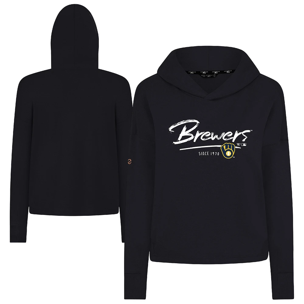Women's Levelwear Black Milwaukee Brewers Tri-Blend Sweet Express Cropped Pullover Hoodie