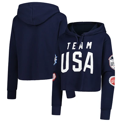 Women's Navy Team USA Flag & Patches Fleece Cropped Pullover Hoodie