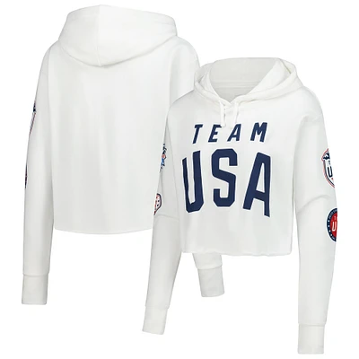Women's White Team USA Flag & Patches Fleece Cropped Pullover Hoodie