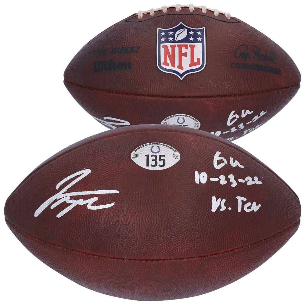 Jonathan Taylor Indianapolis Colts Autographed Game-Used Football vs. Tennessee Titans on October 23, 2022 with "GU 10-23-22 vs. TEN" Inscription