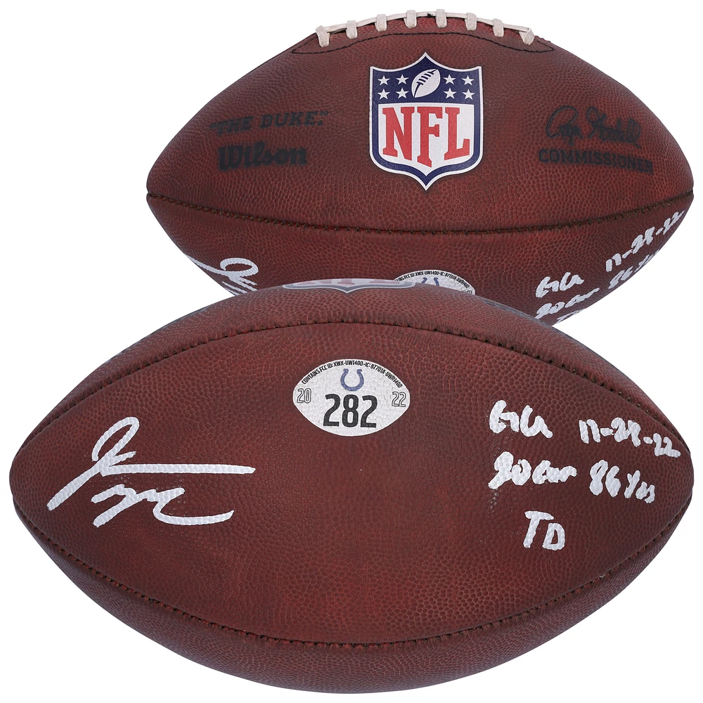 Jonathan Taylor Indianapolis Colts Autographed Game-Used Football vs. Pittsburgh Steelers on November 28, 2022 with Multiple Inscriptions