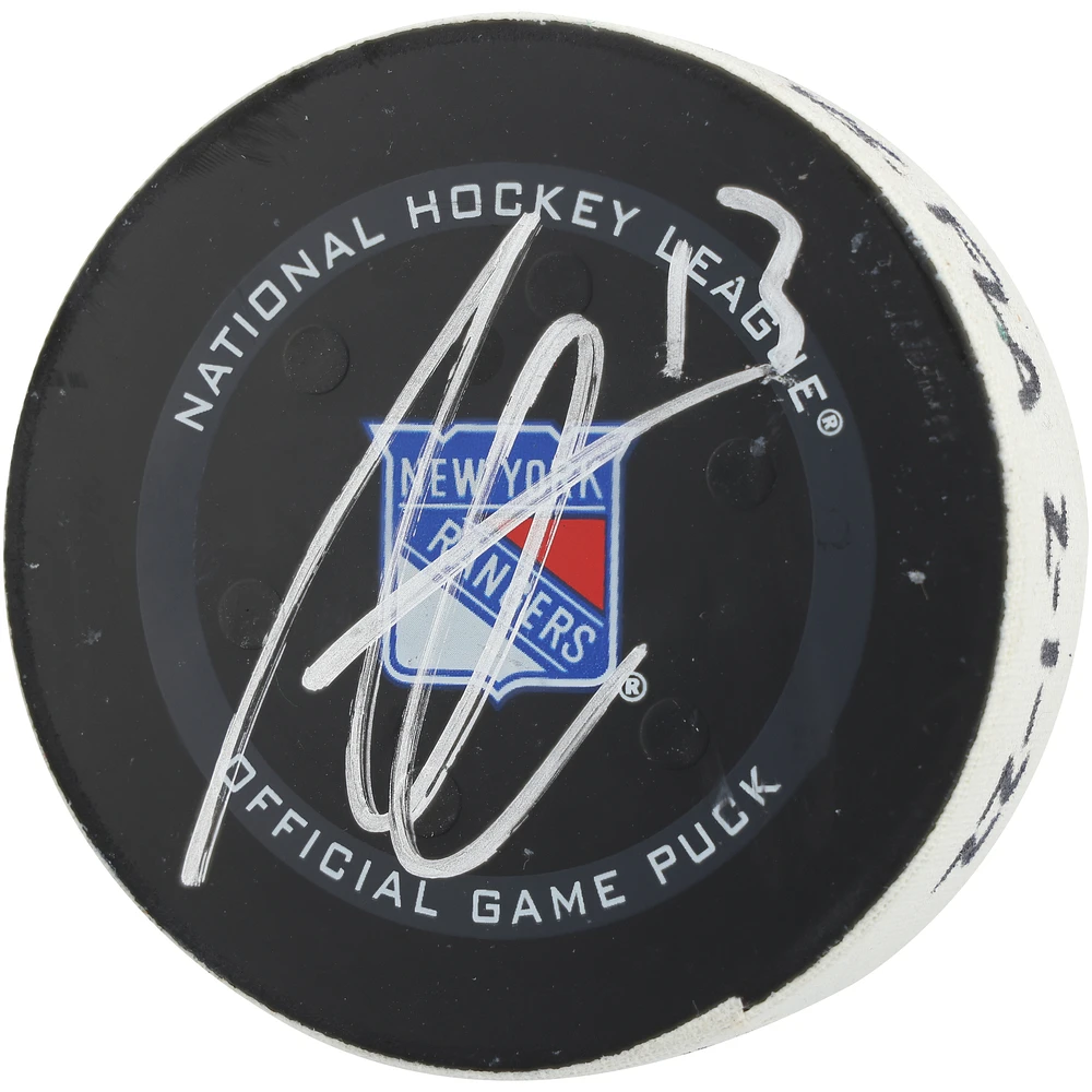 Alexis Lafreniere New York Rangers Autographed Game-Used Goal Puck from February 1, 2022 vs. Florida Panthers