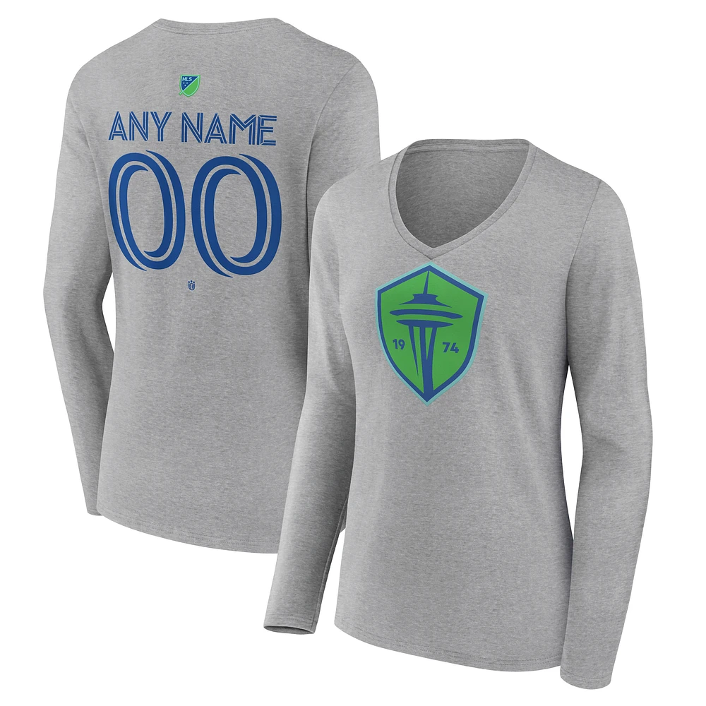 Women's Gray Seattle Sounders FC Authentic Stack Personalized Any Name & Number Long Sleeve V-Neck T-Shirt
