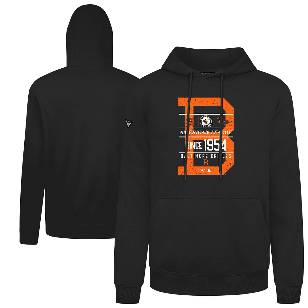 Men's Levelwear Black Baltimore Orioles Distressed Podium Acumen Pullover Hoodie