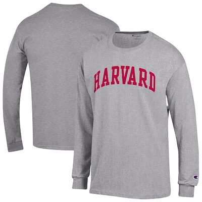 Men's Champion Heather Gray Harvard Crimson Basic Arch Long Sleeve T-Shirt