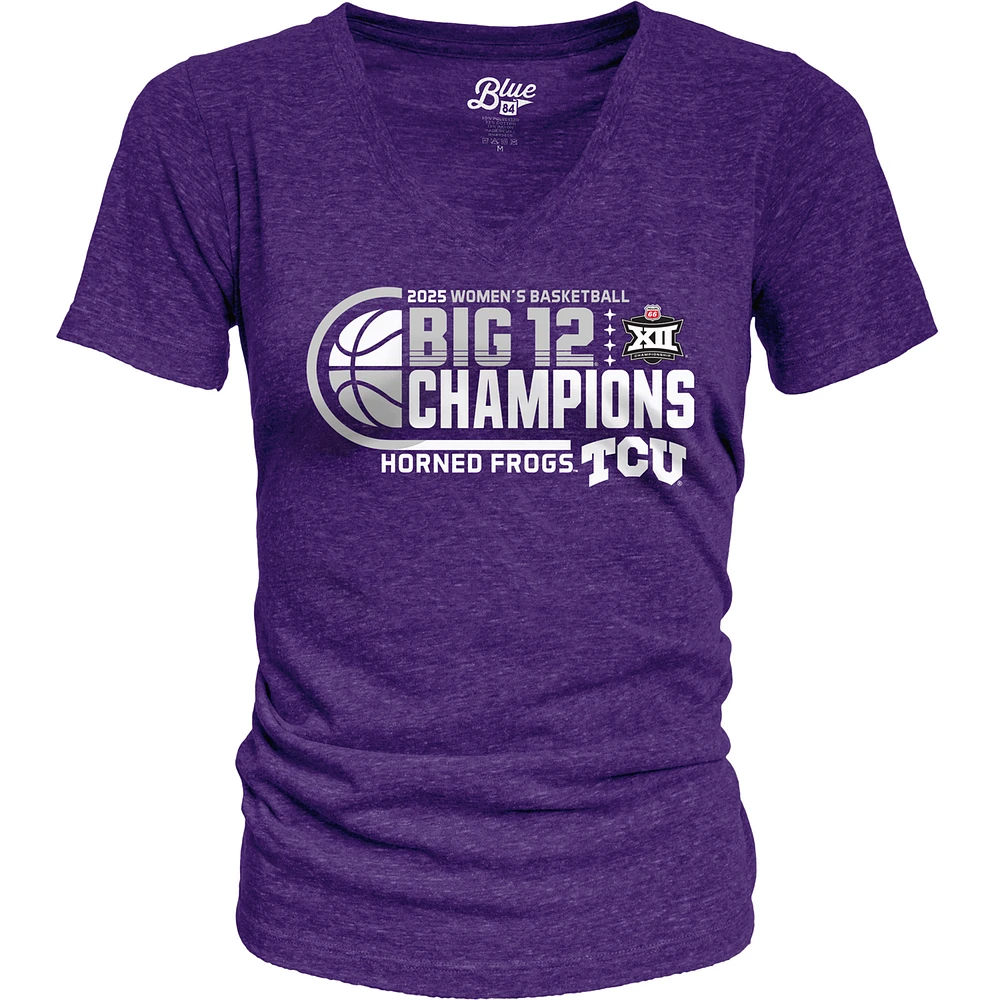 Women's Blue 84 Purple TCU Horned Frogs 2025 Big 12 Basketball Conference Tournament Champions Locker Room Tri-Blend V-Neck T-Shirt