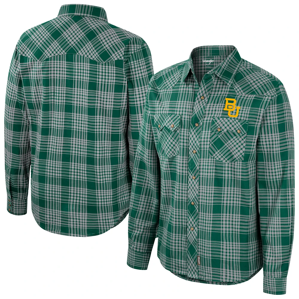 Men's Colosseum x Wrangler Green Baylor Bears Plaid Western Long Sleeve Full-Snap Shirt