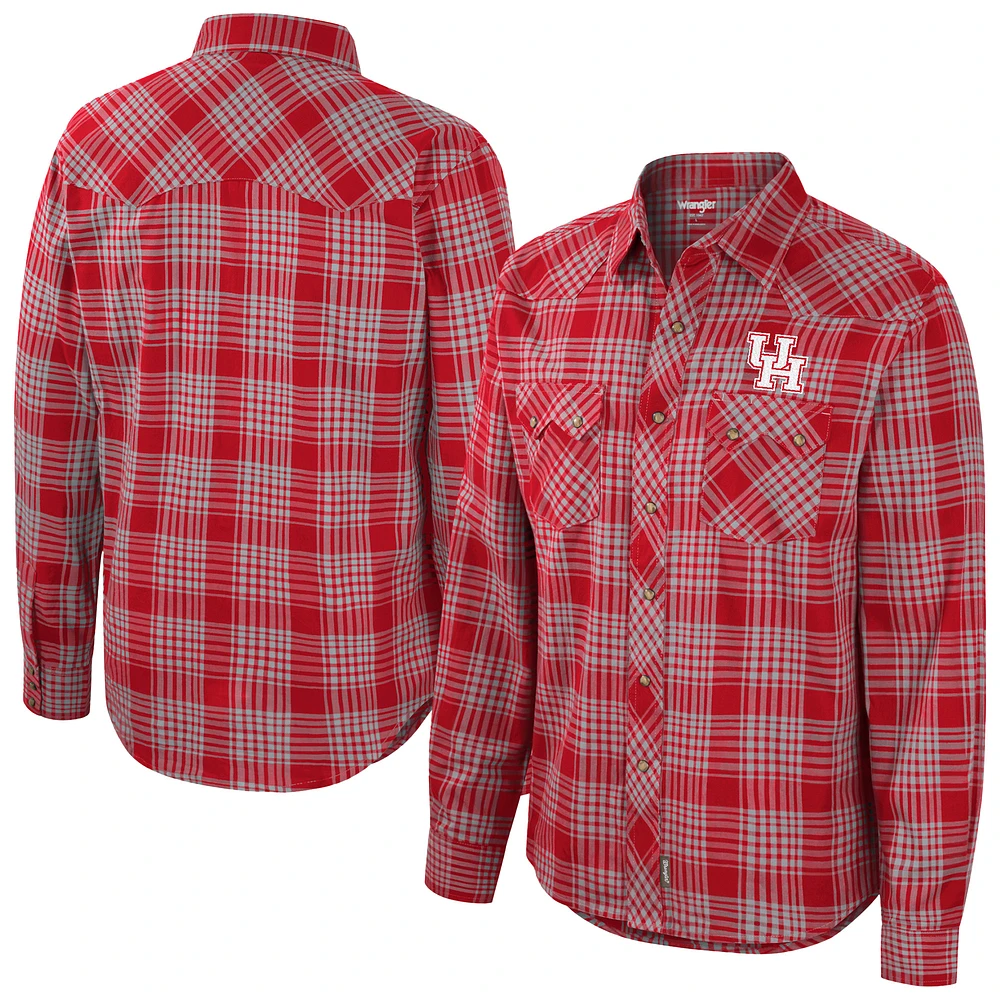 Men's Colosseum x Wrangler Red Houston Cougars Plaid Western Long Sleeve Full-Snap Shirt