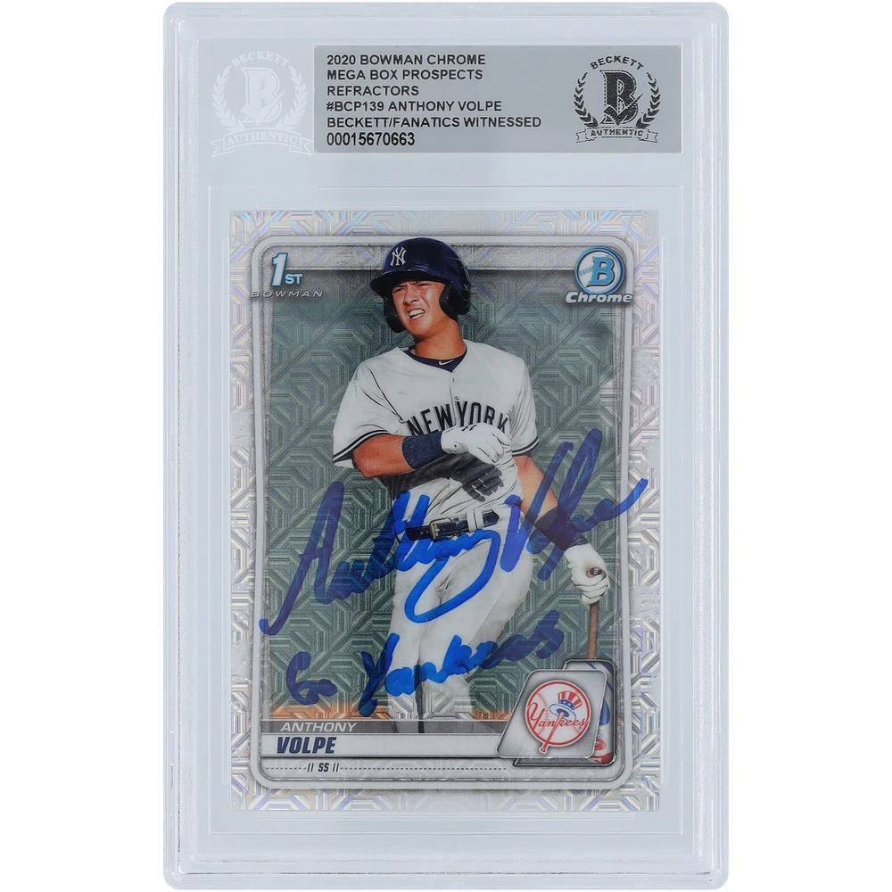Anthony Volpe New York Yankees Autographed 2020 Bowman Chrome Mega Box Prospects 1st Bowman #BCP-139 Beckett Fanatics Witnessed Authenticated Card with "Go Yankees" Inscription