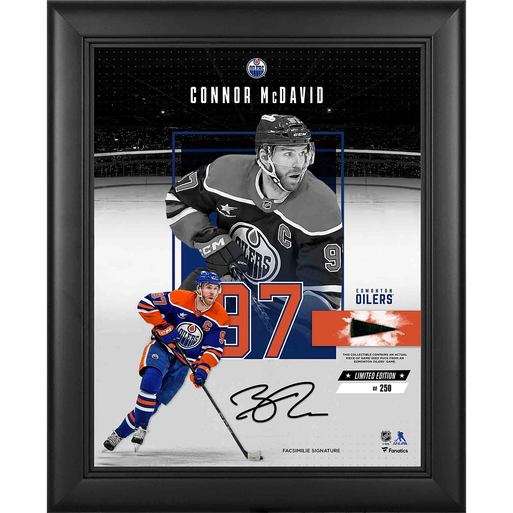 Connor McDavid Edmonton Oilers Facsimile Signature Framed 11" x 14" Impact Collage with a Piece of Game-Used Puck - Limited Edition of 250