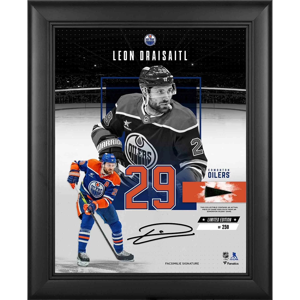 Leon Draisaitl Edmonton Oilers Facsimile Signature Framed 11" x 14" Impact Collage with a Piece of Game-Used Puck - Limited Edition of 250