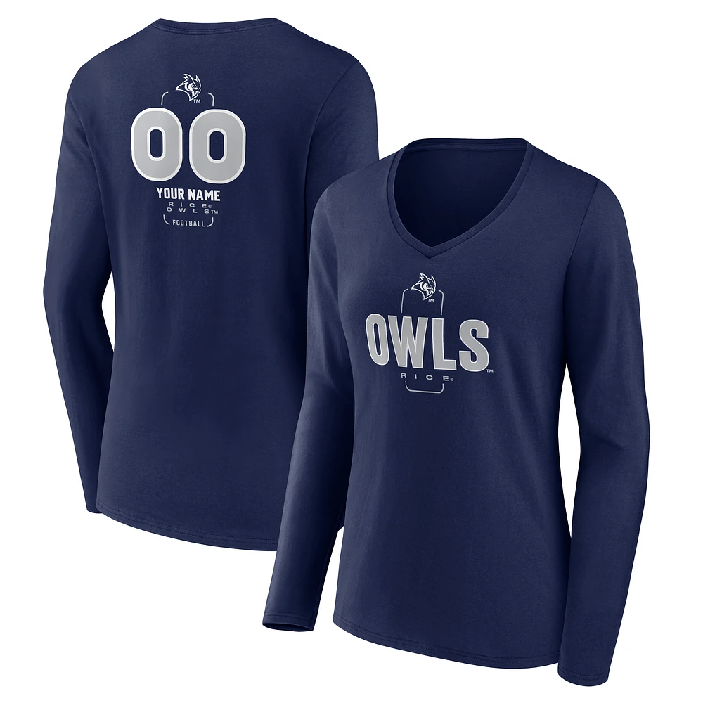 Women's Navy Rice Owls Personalized Name & Number Midfielder Long Sleeve V-Neck T-Shirt