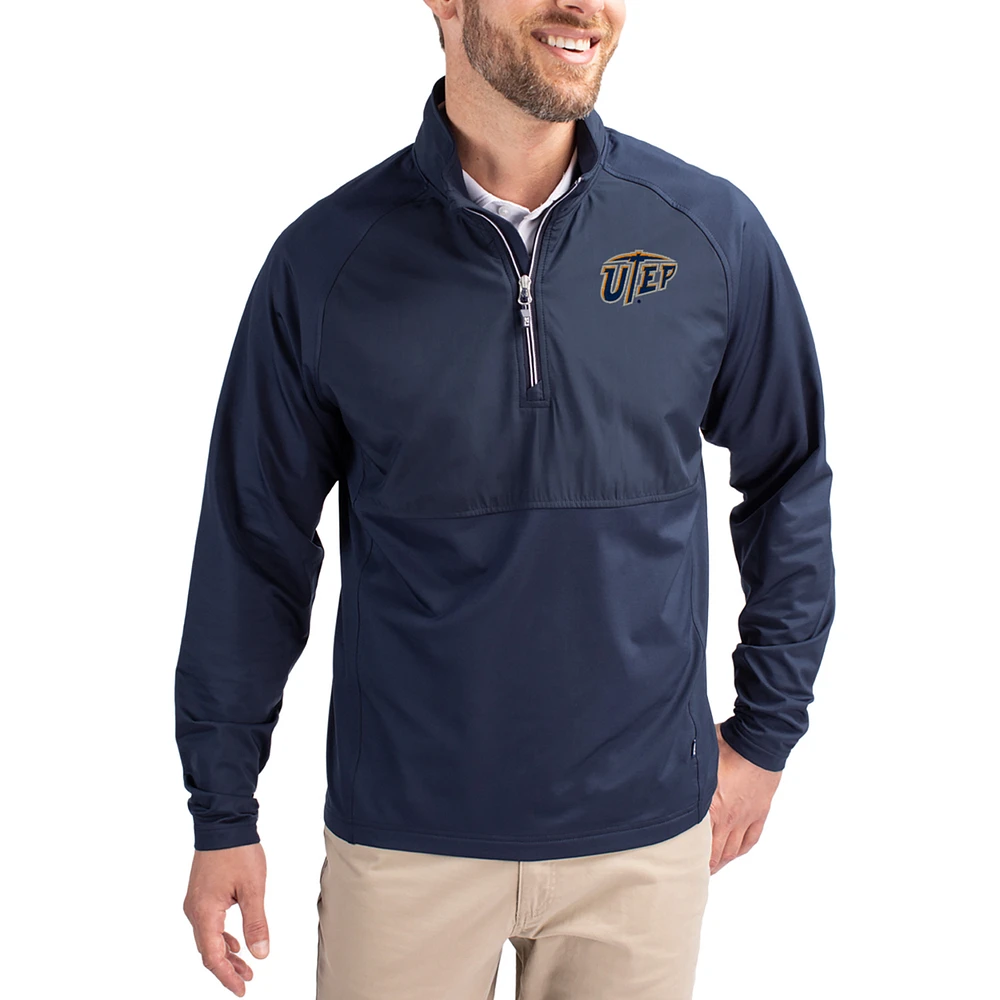 Men's Cutter & Buck Navy UTEP Miners Adapt Eco Knit Hybrid Recycled Quarter-Zip Jacket