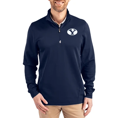 Men's Cutter & Buck Navy BYU Cougars DryTec Traverse Stretch Eco Tri-Blend Quarter-Zip Pullover