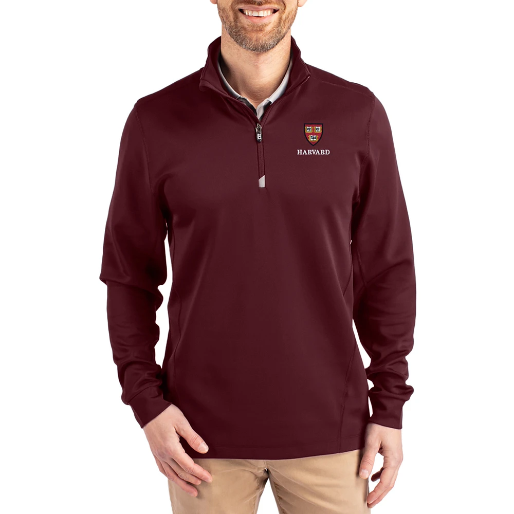 Men's Cutter & Buck Maroon Harvard Crimson DryTec Traverse Stretch Eco Tri-Blend Quarter-Zip Pullover