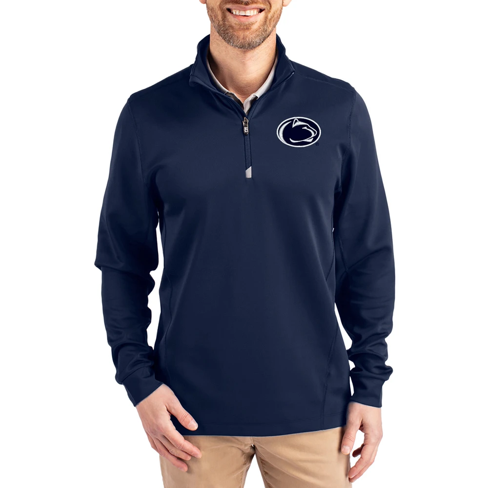 Men's Cutter & Buck Navy Penn State Nittany Lions DryTec Traverse Stretch Eco Tri-Blend Quarter-Zip Pullover