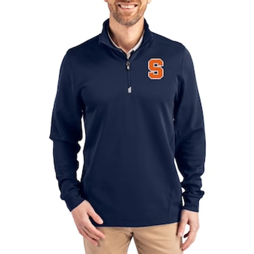 Men's Cutter & Buck Navy Syracuse Orange DryTec Traverse Stretch Eco Tri-Blend Quarter-Zip Pullover