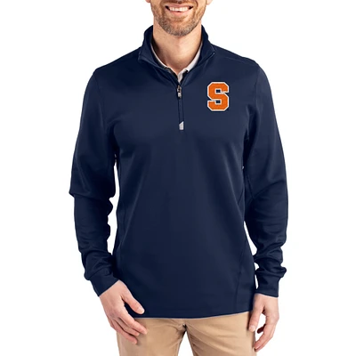 Men's Cutter & Buck Navy Syracuse Orange DryTec Traverse Stretch Eco Tri-Blend Quarter-Zip Pullover