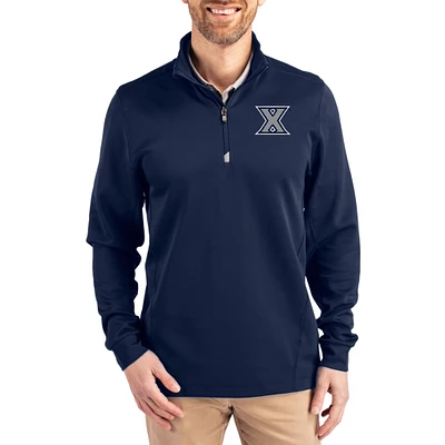 Men's Cutter & Buck Navy Xavier Musketeers DryTec Traverse Stretch Eco Tri-Blend Quarter-Zip Pullover