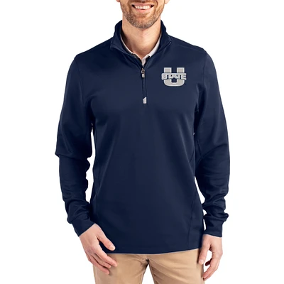 Men's Cutter & Buck Navy Utah State Aggies DryTec Traverse Stretch Eco Tri-Blend Quarter-Zip Pullover
