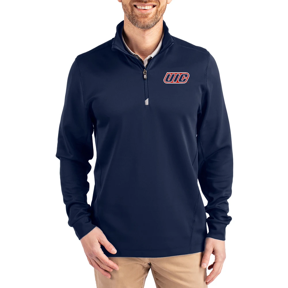 Men's Cutter & Buck Navy UIC Flames DryTec Traverse Stretch Eco Tri-Blend Quarter-Zip Pullover