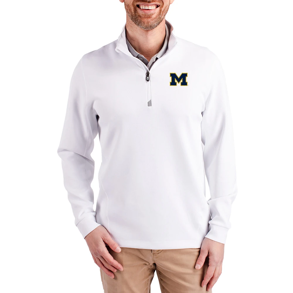 Men's Cutter & Buck Michigan Wolverines DryTec Traverse Stretch Eco Tri-Blend Quarter-Zip Pullover