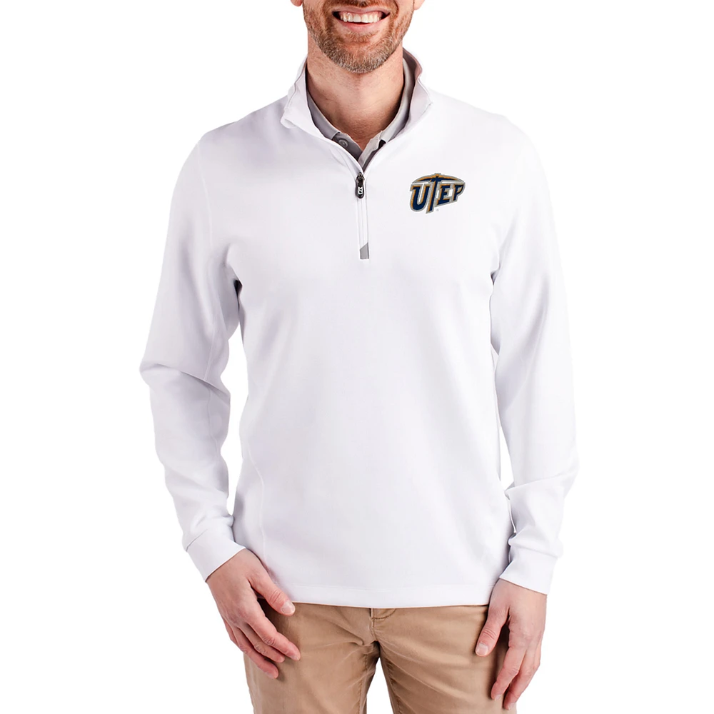 Men's Cutter & Buck White UTEP Miners DryTec Traverse Stretch Eco Tri-Blend Quarter-Zip Pullover