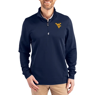 Men's Cutter & Buck Navy West Virginia Mountaineers DryTec Traverse Stretch Eco Tri-Blend Quarter-Zip Pullover
