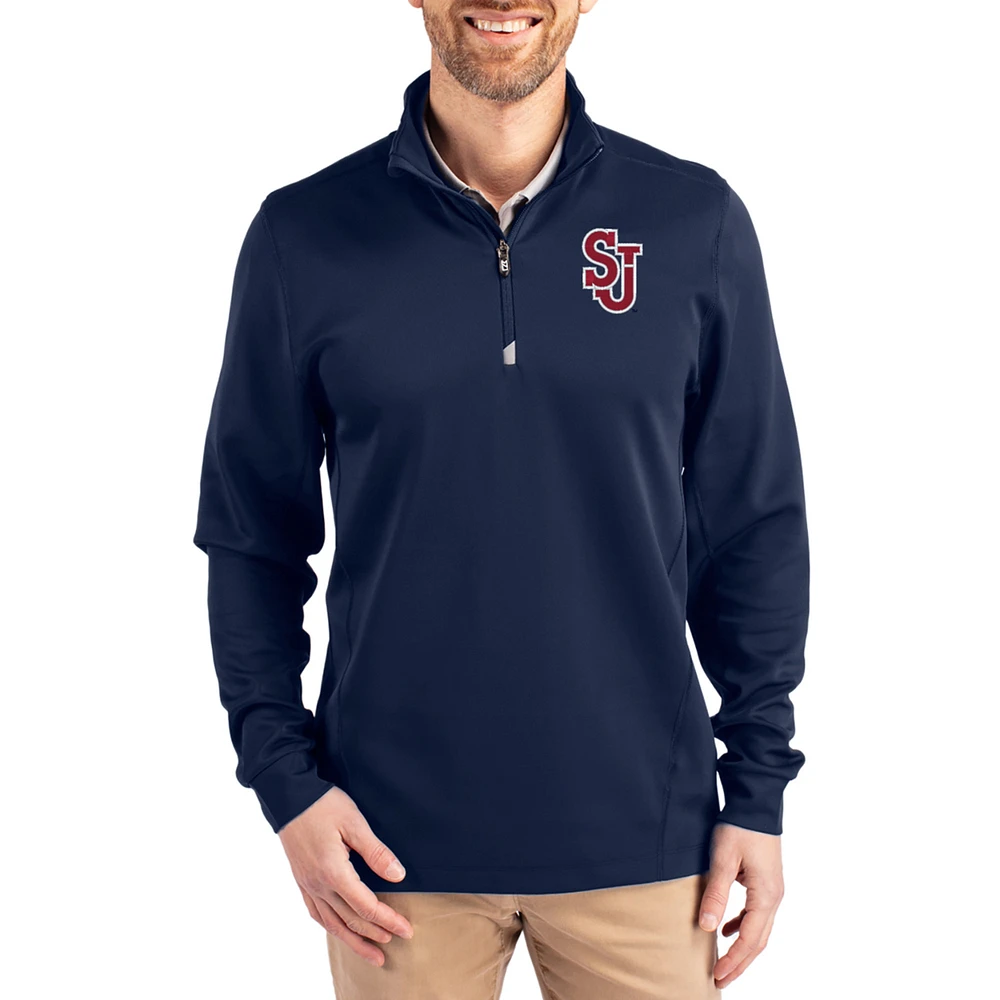 Men's Cutter & Buck Navy St. John's Red Storm DryTec Traverse Stretch Eco Tri-Blend Quarter-Zip Pullover