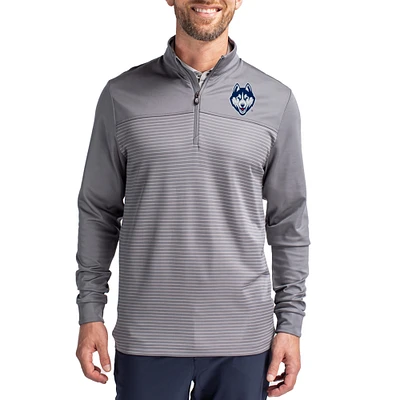 Men's Cutter & Buck Gray UConn Huskies Traverse Stretch Eco Stripe DryTec Tri-Blend Quarter-Zip Pullover