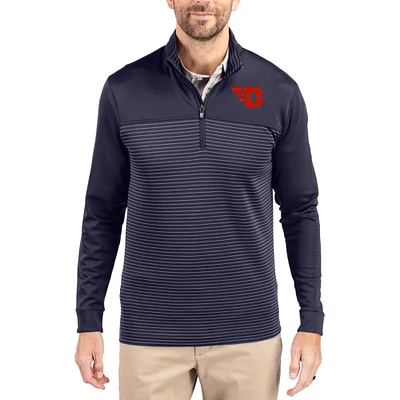 Men's Cutter & Buck Navy Dayton Flyers Traverse Stretch Eco Stripe DryTec Tri-Blend Quarter-Zip Pullover